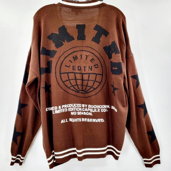 boohoo Man Limited Edition Brown Letterman Button Down Cardigan Sweater Size  XS - Picture 3 of 9